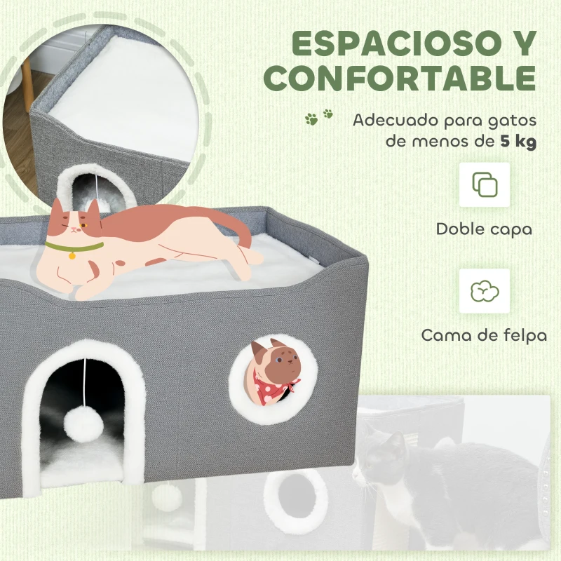PawHut Casa para Gatos Plegable con Rascador 3 Entradas Bola Colgante Cojín Reversible en Felpa y Tipo Lino 60x40X34 cm Gris