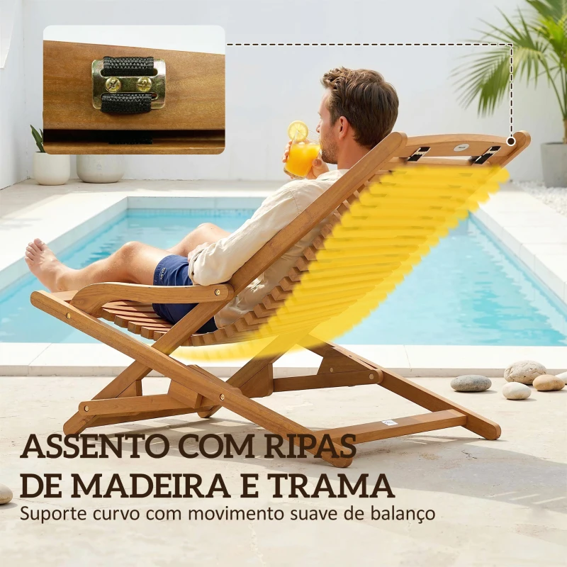 Outsunny Espreguiçadeira Dobrável de Madeira de Acácia com Descanso para os Pés Removível e Almofada com Apoio de Cabeça 158x61x70 cm Bege