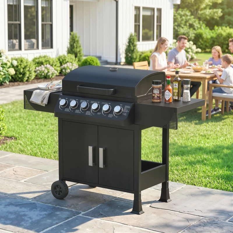Outsunny Barbecue a Gás com 6 Queimadores 15 kW Termómetro Armário Grelha de Aquecimento Bandeja de Recolha de Gordura 2 Rodas 135x51x101 cm Preto