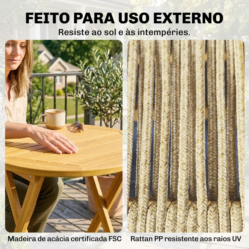 Outsunny Conjunto de Jardim de 3 Peças em Madeira com 2 Cadeiras Dobráveis e Mesa Redonda para Varanda e Terraço Natural