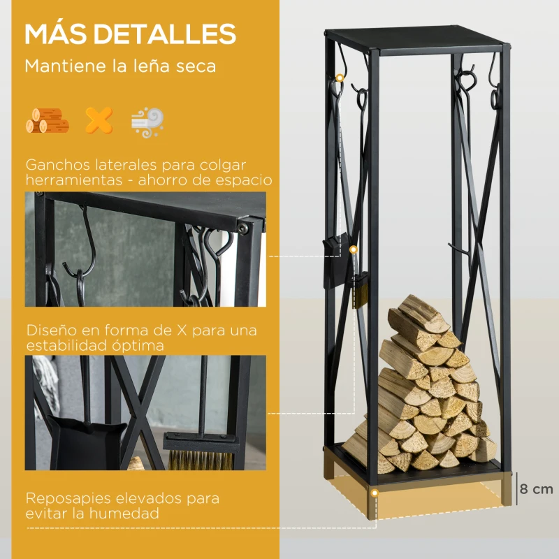 Outsunny Estante de Leña Metálico Leñero de Exterior con Ganchos Pala Cepillo Atizador y Tenazas Carga 65 kg 34x34x111 cm Negro