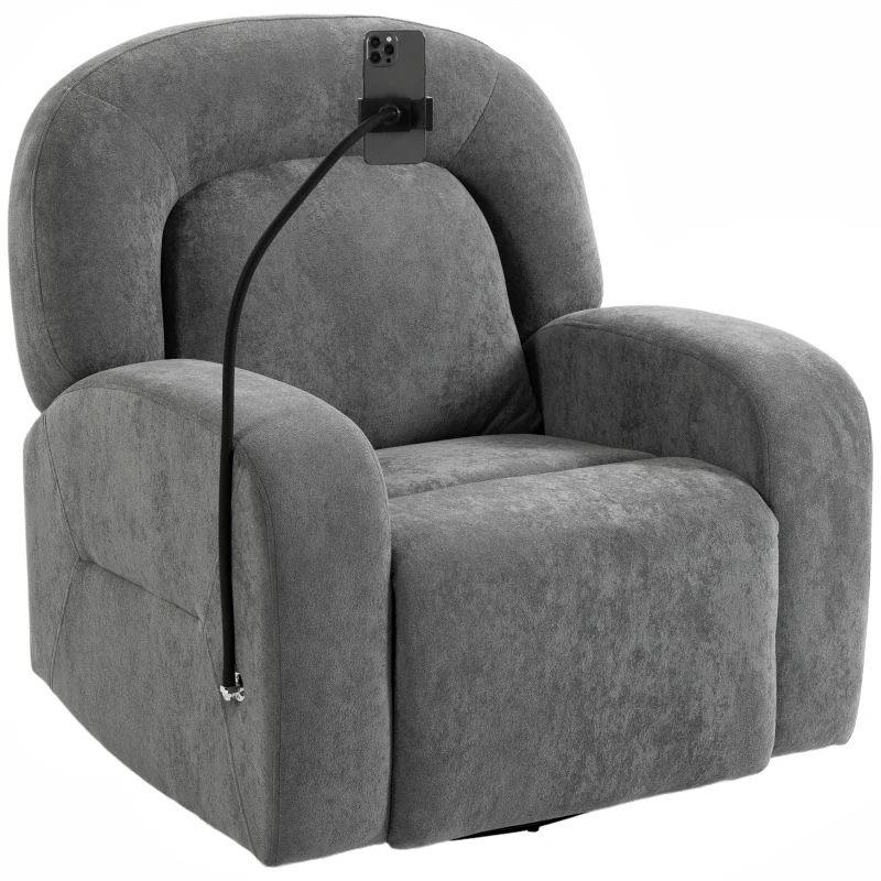 HOMCOM Poltrona Relax Reclinável 3 em 1 com Função de Baloiço Rotação 360° Suporte para Telemóvel Assento Amplo Cinzento