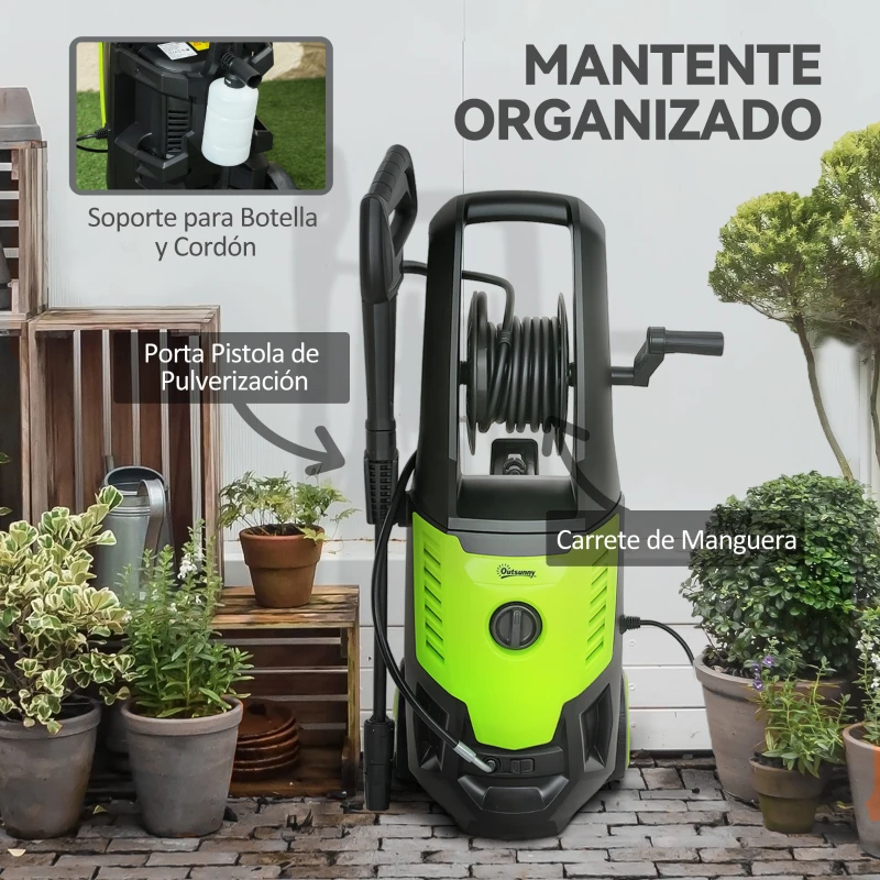 Outsunny Hidrolimpiadora de Alta Presión 2200W con Accesorios Ángulo Ajustable y Parada Automática 32x32x80 cm Verde y Negro