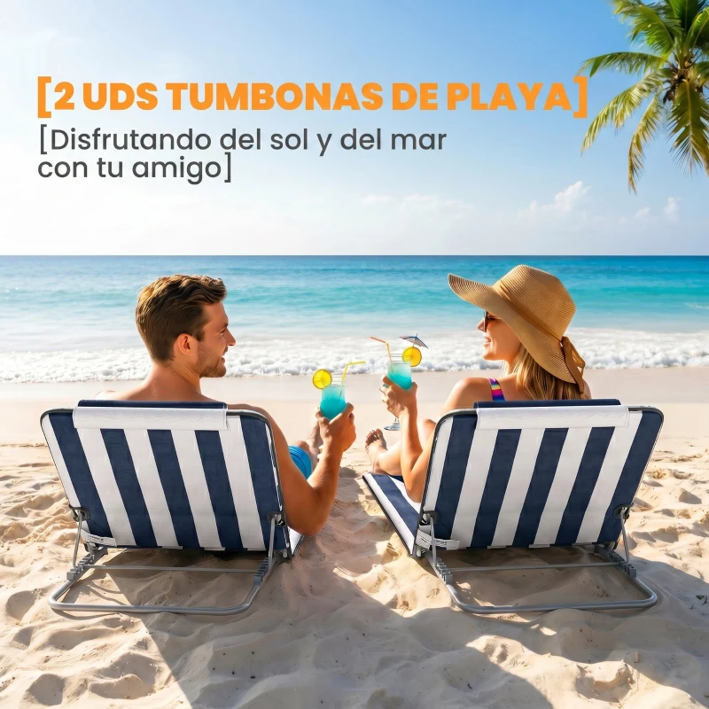 Outsunny Conjunto de 2 Esterillas con Respaldo Reclinable Reposacabezas y Bolsa de Transporte 134x48x33-43 cm Blanco y Azul