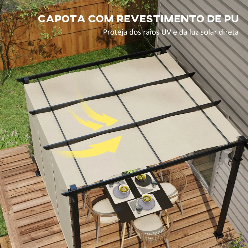 Outsunny Pérgola Exterior 3x3 m com Toldo Deslizante Estrutura de Aço Impermeável e Anti-UV para Terraço ou Pátio Bege