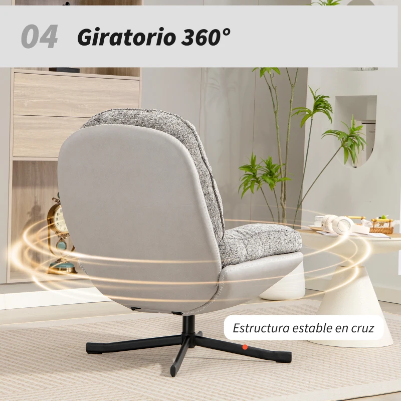 HOMCOM Butaca de Salón Giratoria Moderna Tapizada en Chenilla y Cuero PU con Asiento Ancho Base de Cruz Sillón Relax Gris