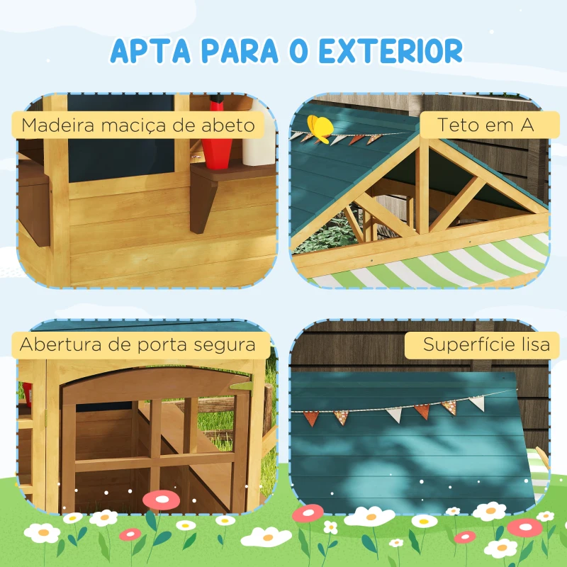 AIYAPLAY Casinha de Jogos Infantil de Madeira com Janelas Lousas Telhado e Toldo 173x117x144 cm Madeira Natural
