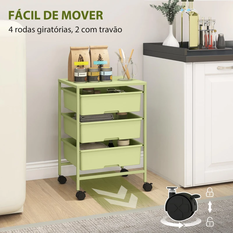 HOMCOM Carrinho Auxiliar com Rodas Carrinho de Cozinha de 3 Níveis com 3 Cestos e Estrutura de Aço 40,8x33,5x60,5 cm Verde