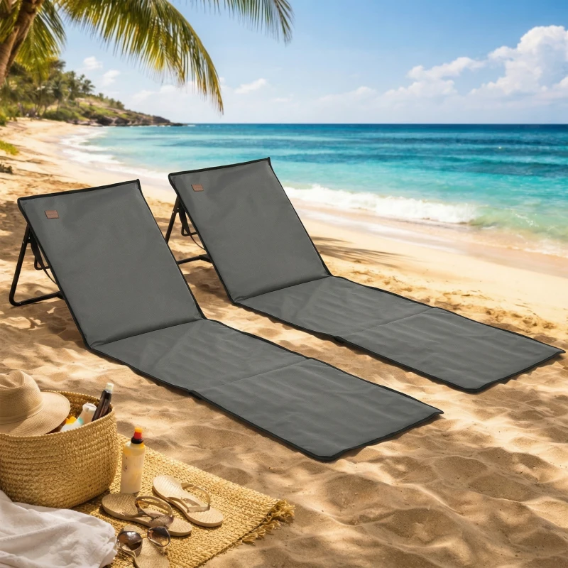 Outsunny Conjunto de 2 Esterillas de Playa Plegable con Respaldo Reclinable y Correa de Transporte 142x51x40 cm Gris