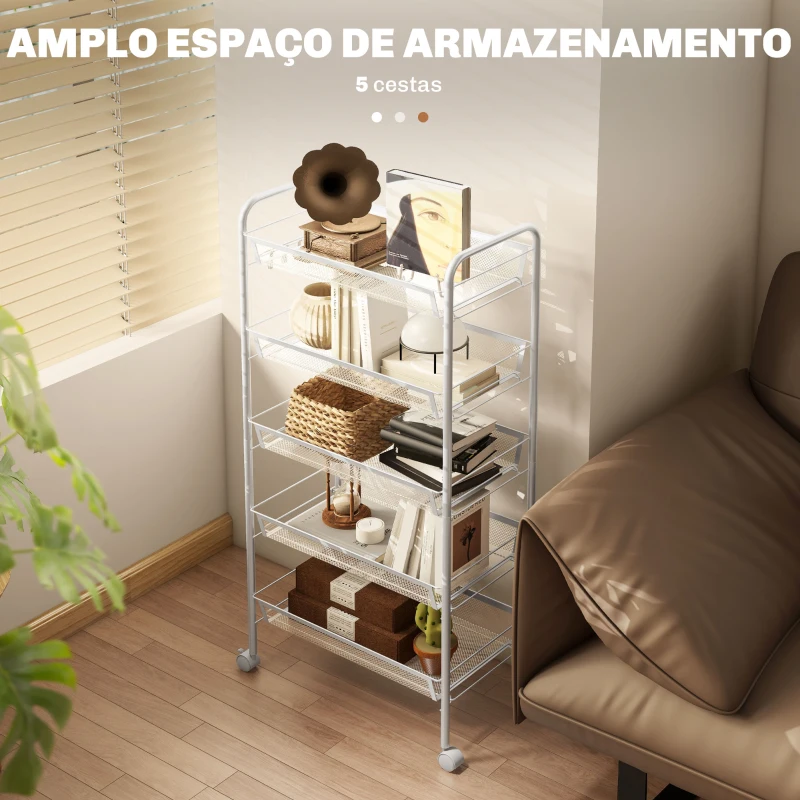 HOMCOM Carrinho Auxiliar com Rodas de 5 Níveis com Cestos de Malha Removíveis e Estrutura de Aço 45x26,5x106 cm Branco