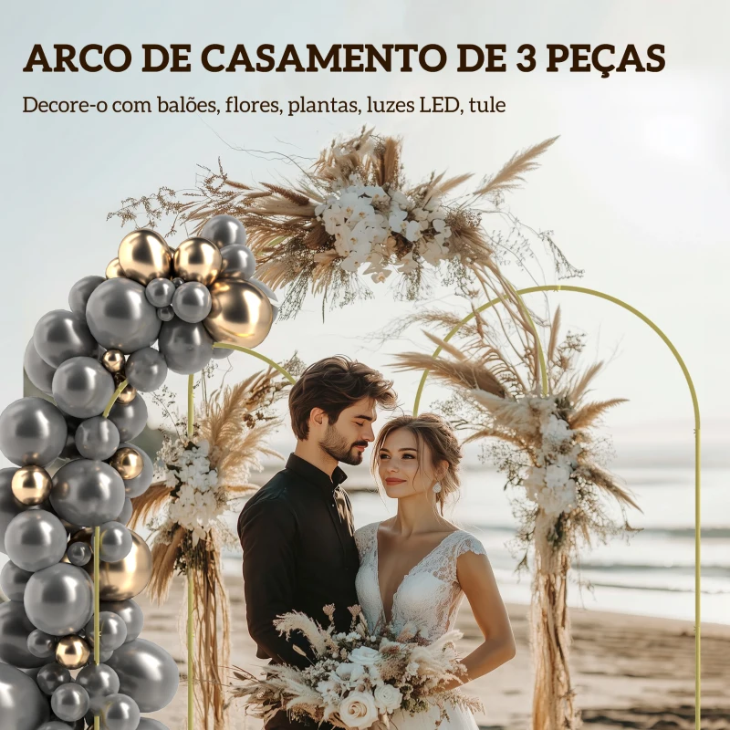Outsunny Conjunto de 3 Arcos de Jardim para Rosas em Metal de 220/200/180 cm com Revestimento em Pó para Pátio e Terraço Dourado