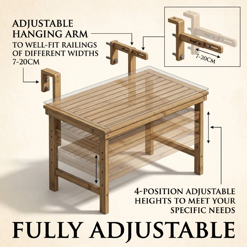 Outsunny Masă Suspendată de Exterior, Masă Reglabilă pentru Balustradă, Blat Suport cu Montare pe Perete, 68x65x40,5-55 cm, Tec