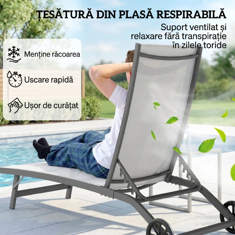 Outsunny Set de 2 Șezlonguri Rabatabile pe 5 Niveluri, Șezlonguri din Aluminiu și Țesătură Respirabilă, 66x165x102 cm, Albastru
