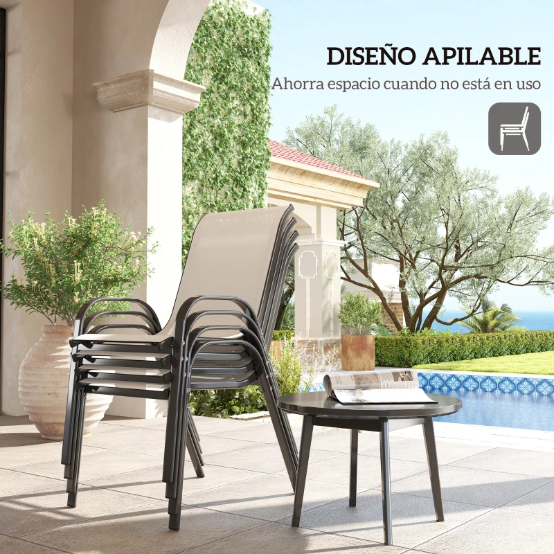 Outsunny Set de 4 Sillas de Exterior Apilables con Asiento de Malla Respaldo Alto y Marco de Acero para Jardín Beige y Negro