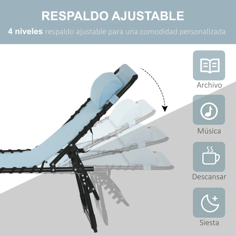 Outsunny Tumbona Plegable con Reposacabezas Tumbona Jardín Exterior Reclinable 4 Posiciones con Marco de Acero 189x58x30 cm Azul