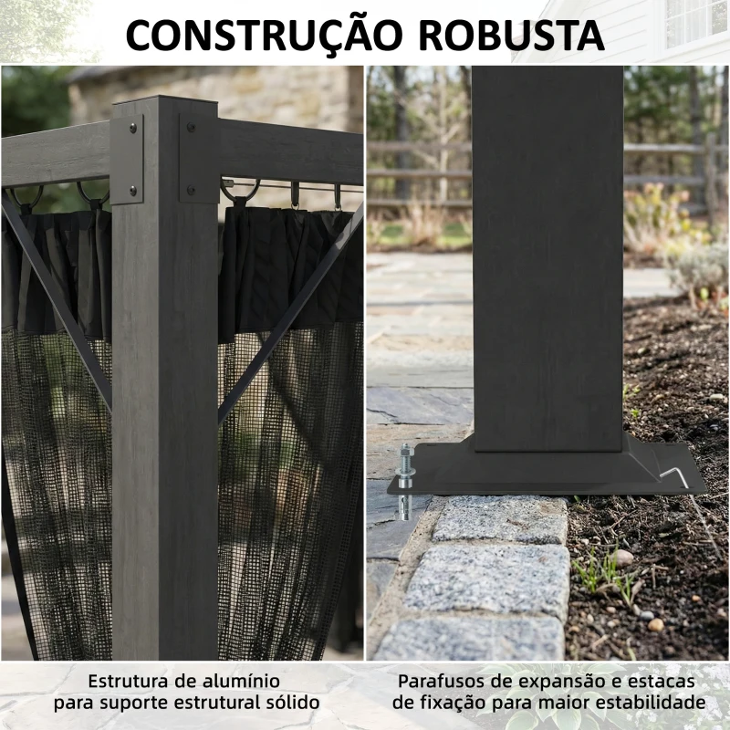 Outsunny Pérgola de Jardim 3x4 m com Teto Retrátil e 4 Laterais em Rede UPF30+ Pérgola para Exterior Terraço Cinzento