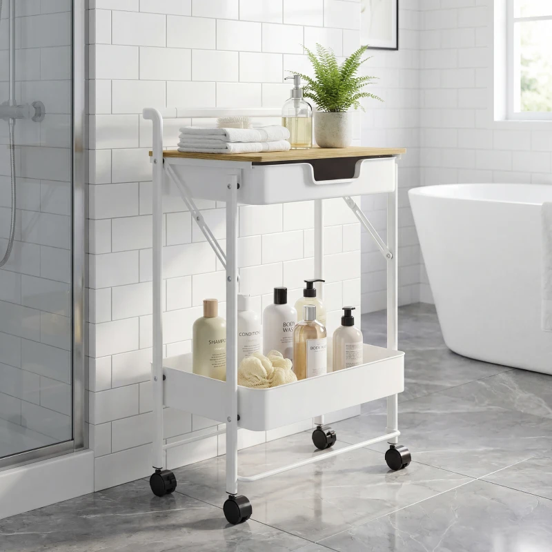 HOMCOM Carrito Auxiliar con Ruedas de 2 Niveles con Cajón Encimera y Cesta de Rejilla para Dormitorio Baño Cocina Blanco