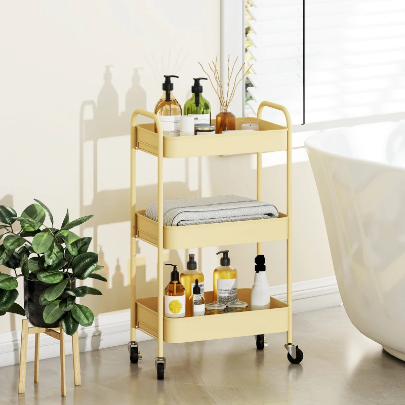 HOMCOM Carrinho Auxiliar com Rodas de 3 Níveis Carrinho de Cozinha com 3 Cestos e 2 Pegas 45x30,6x79 cm Amarelo