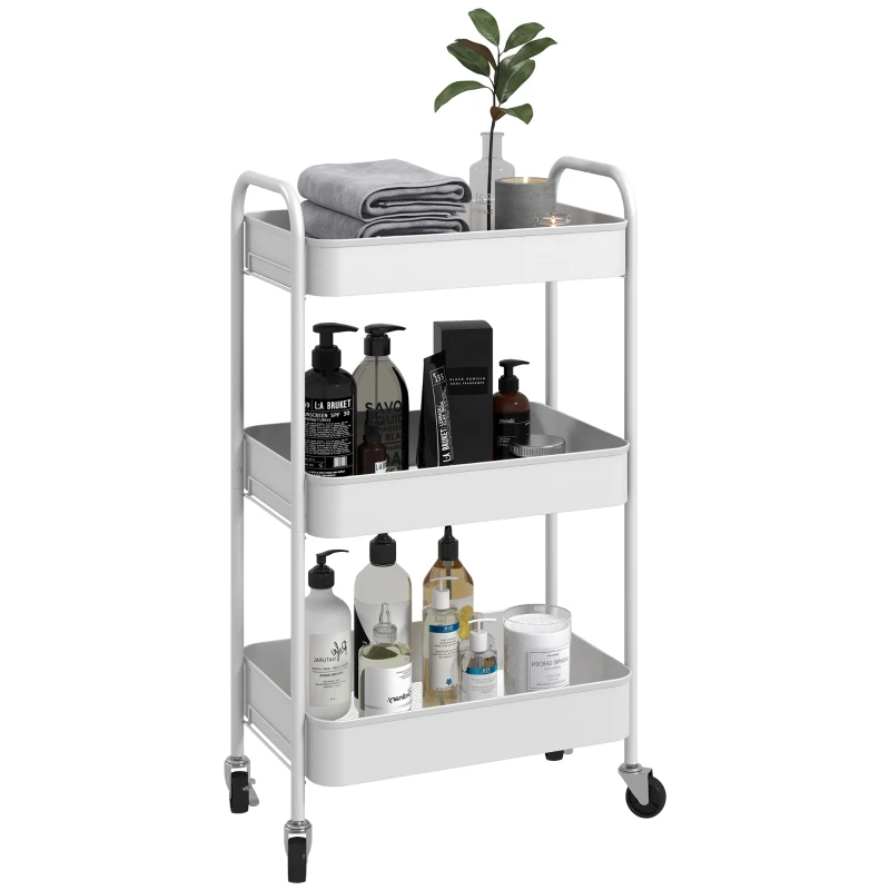 HOMCOM Carrinho Auxiliar de 3 Níveis com Rodas Carrinho de Armazenamento Deslizante para Cozinha Sala 45x30,6x79 cm Branco