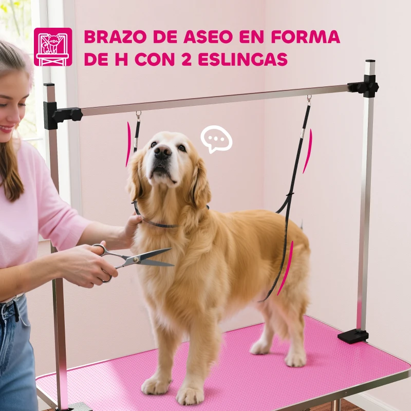 PawHut Mesa de Peluquería Canina Plegable con Cesta Metálica Barra de Acero Inoxidable Ajustable 107x60x164 cm Rosa
