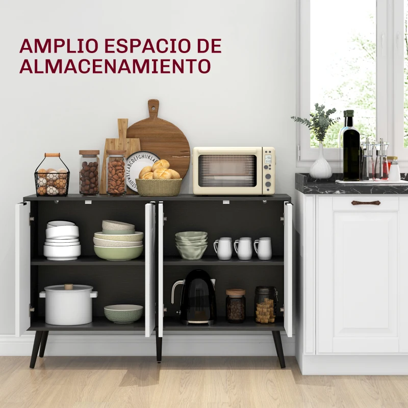 HOMCOM Aparador de 4 Puertas Aparador de Salón Estantes Ajustables Patas de Madera para Cocina Blanco y Negro 120x35x77,4 cm