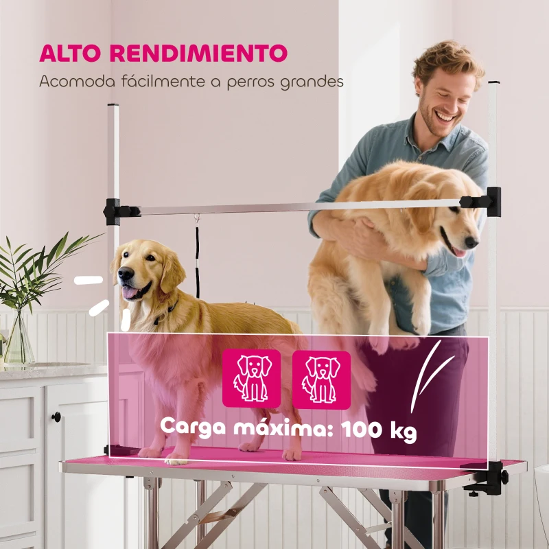 PawHut Mesa de Peluquería Canina Plegable con Cesta Metálica Barra de Acero Inoxidable Ajustable 107x60x164 cm Rosa