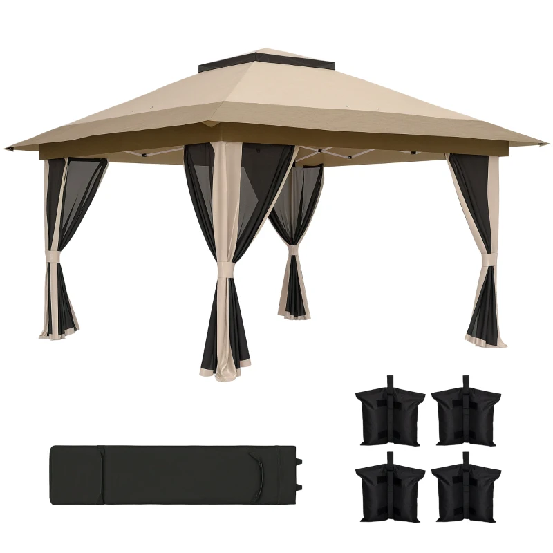 Outsunny Cenador Plegable 3,6x3,6 m con Laterales de Malla UPF50+ Altura Ajustable Bolsa con Ruedas y Bolsas de Arena Beige