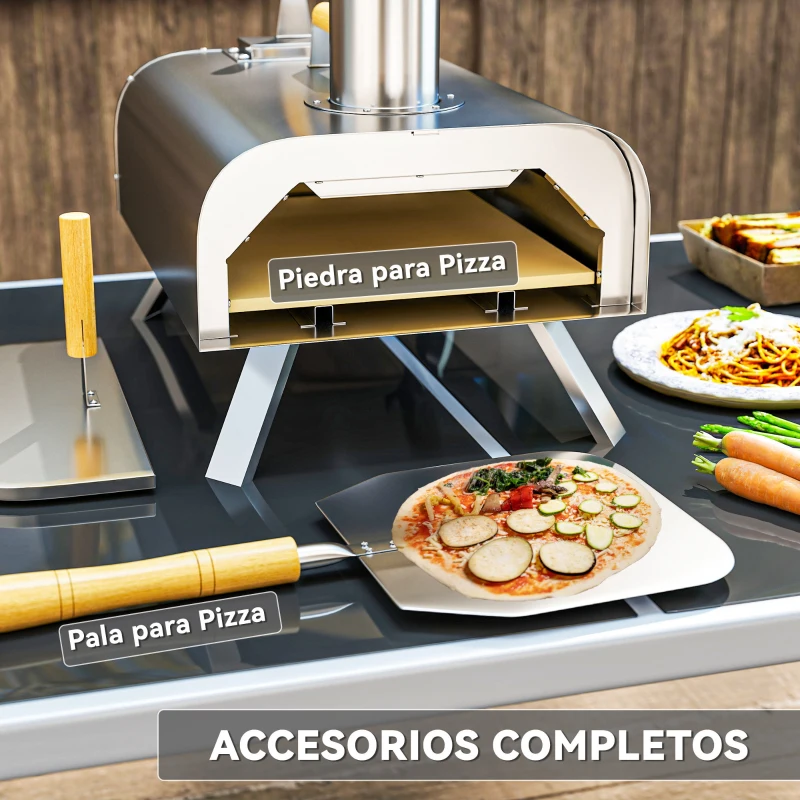 Outsunny Mini Horno de Leña para Pizza con Piedra Refractaria Pala y Patas Plegables para Camping y Exterior 79x36x75 cm Plata