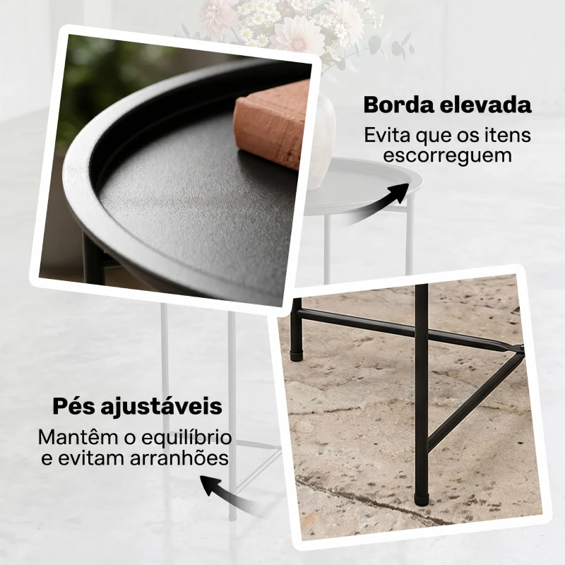 Outsunny Mesa Auxiliar Redonda Mesa de Jardim com Bandeja Amovível Pés Dobráveis Mesa para Exterior Pátio Ø46x50 cm Preto
