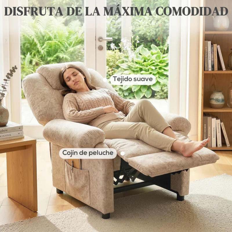 HOMCOM Sillón Relax Reclinable Manual, Sillón Relax de Terciopelo con Reposabrazos, Reposapiés, Acolchado Grueso, Butaca Reclinable hasta 135º para Salón, Dormitorio, Oficina, Beige