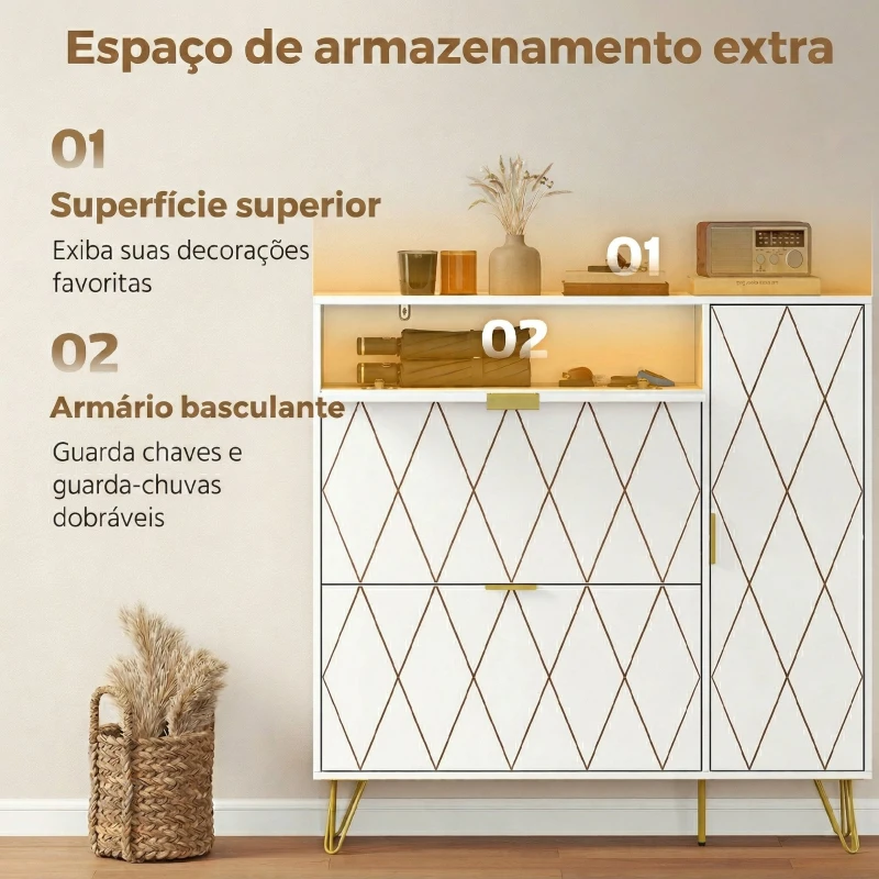 HOMCOM Sapateira Estreita com 2 Compartimentos Abatíveis Armário e Prateleiras Ajustáveis 10-14 Pares de Sapatos 110x25x110,6 cm Branco