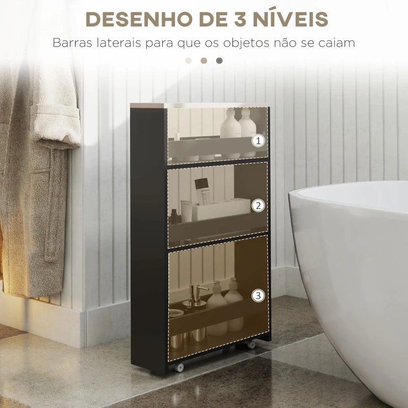 kleankin Estante de Armazenamento Casa de Banho de 3 Níveis Estante Estreita com Alça Lateral Estante com Rodas 48x15x80cm Preto