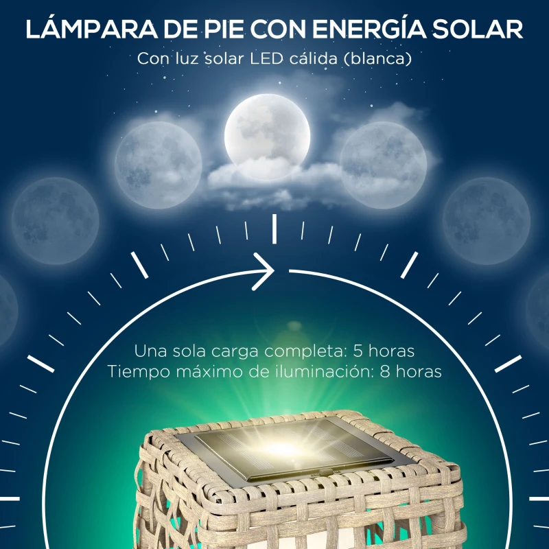 Outsunny Lámpara Solar de Jardín de Ratán Sintético con Luces LED Encendido/Apagado Automático 21x21x78 cm Natural