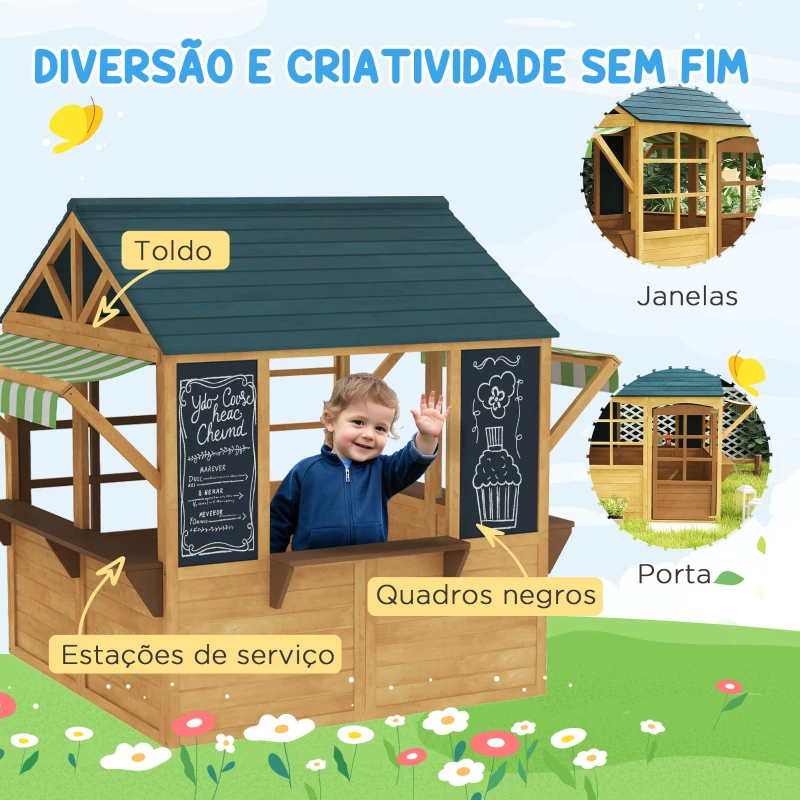 AIYAPLAY Casinha de Jogos Infantil de Madeira com Janelas Lousas Telhado e Toldo 173x117x144 cm Madeira Natural