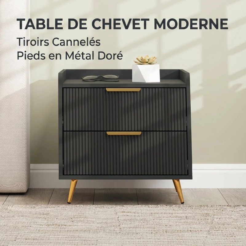 HOMCOM Noptieră, masă de noapte cu 2 sertare canelate, picioare metalice aurii, 50 x 40 x 50 cm, negru