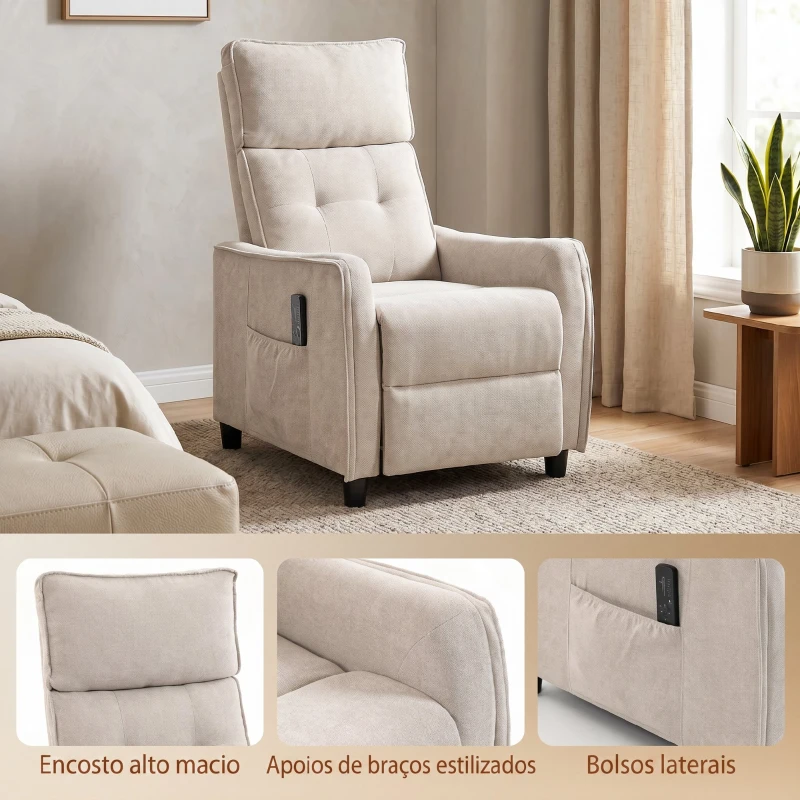 HOMCOM Poltrona de Massagem Reclinável com Apoio para Pés 2 Zonas de Massagem Assento com Molas Bolsos Estofamento em Linho Creme