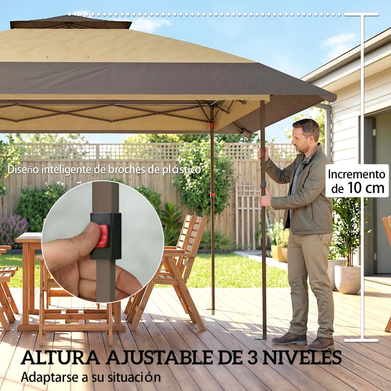 Outsunny Carpa Plegable 4x4 m Pop-up con Doble Techo 4 Laterales de Malla Altura Ajustable Bolsa Transporte UPF30+ Caqui