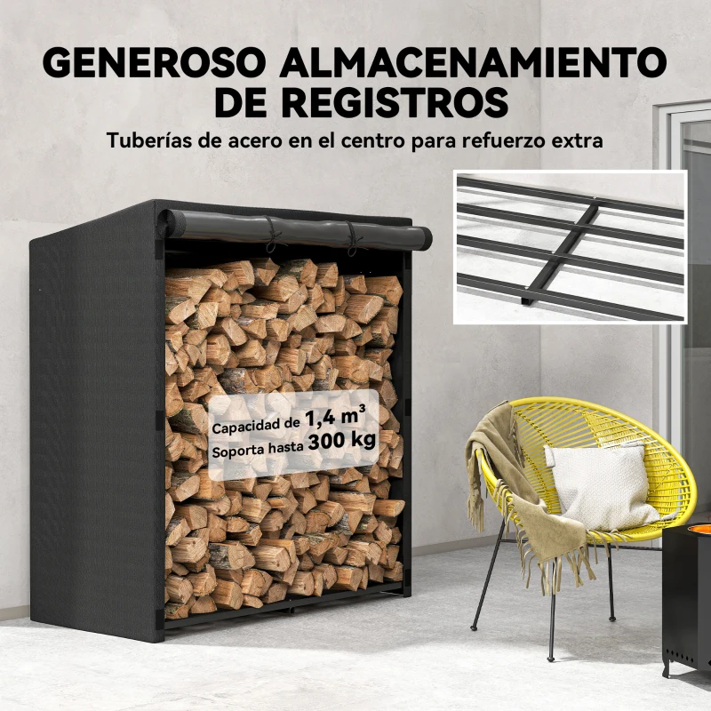 Outsunny Leñero Exterior Metálico de Chimenea Soporte para Leña con Cubierta Impermeable Carga 300 kg 140x70x154 cm Negro