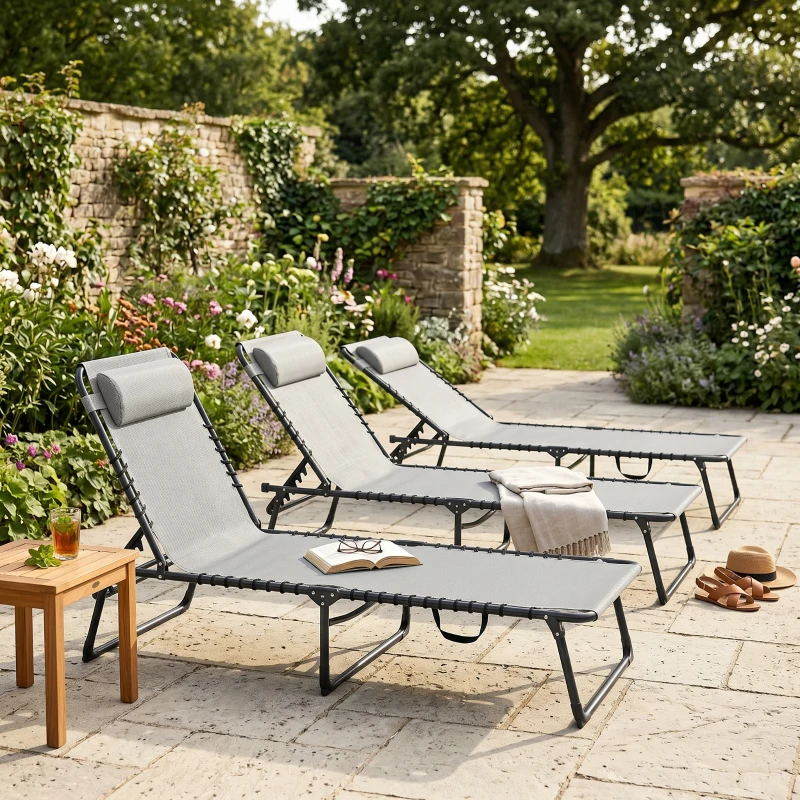Outsunny Lot de 2 bain de soleil transat pliable dossier inclinable multi-positions acier lacets élastiques textilène crème