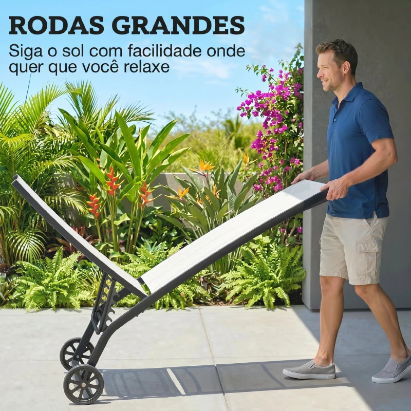 Outsunny Conjunto de 2 Espreguiçadeiras para Exterior com Encosto Ajustável em 5 Níveis e Rodas para Praia Piscina 165x66x102cm Branco e Preto