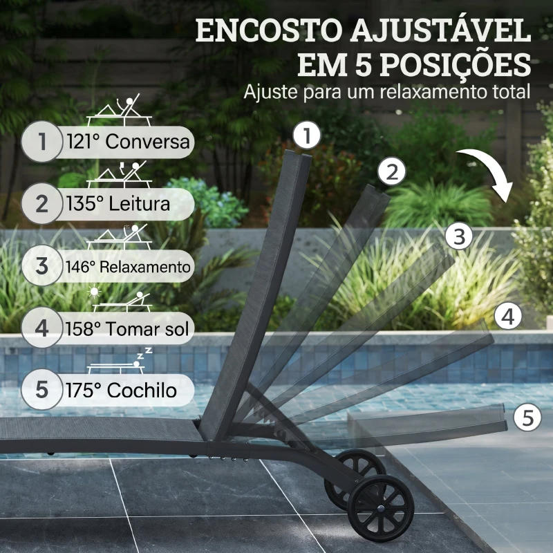 Outsunny Conjunto de 2 Espreguiçadeiras para Exterior com Encosto Ajustável em 5 Níveis e Rodas para Praia Piscina 165x66x102cm Branco e Preto