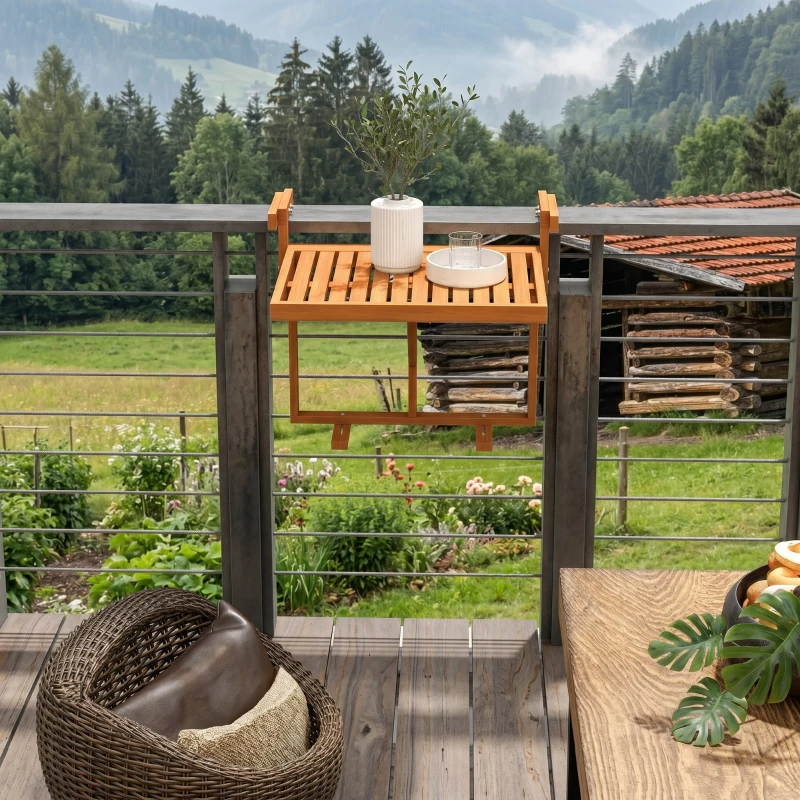 Outsunny Masă Suspendată de Exterior, Masă Reglabilă pentru Balustradă, Blat Suport cu Montare pe Perete, 68x65x40,5-55 cm, Tec