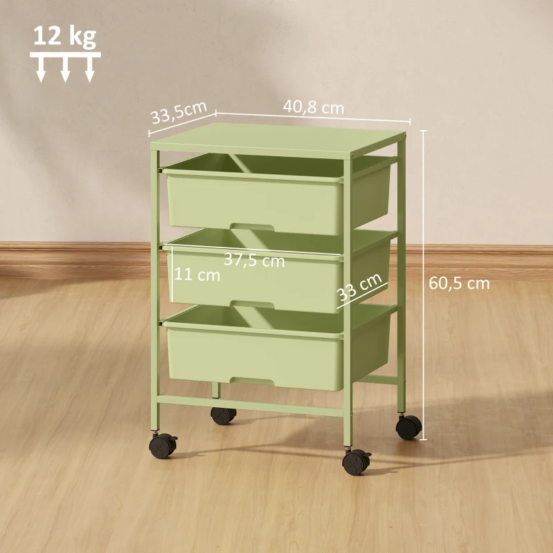 HOMCOM Carrinho Auxiliar com Rodas Carrinho de Cozinha de 3 Níveis com 3 Cestos e Estrutura de Aço 40,8x33,5x60,5 cm Verde