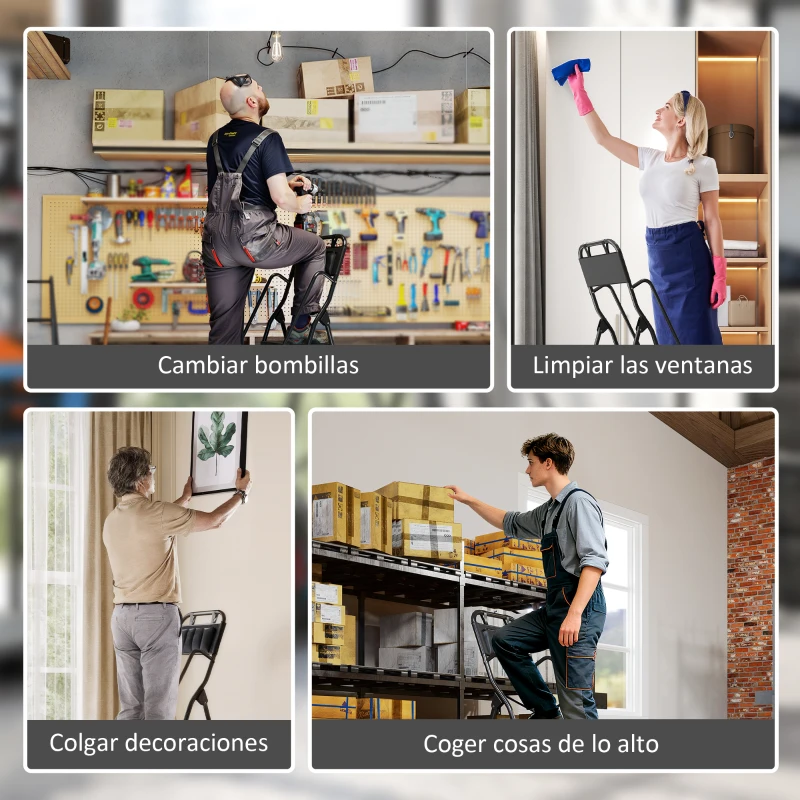 HOMCOM Escalera Plegable de 4 Peldaños con Bolsa de Herramientas Escalera de Tijera con Peldaños Anchos Antideslizantes Negro
