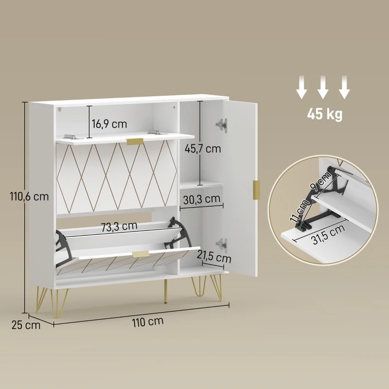 HOMCOM Sapateira Estreita com 2 Compartimentos Abatíveis Armário e Prateleiras Ajustáveis 10-14 Pares de Sapatos 110x25x110,6 cm Branco