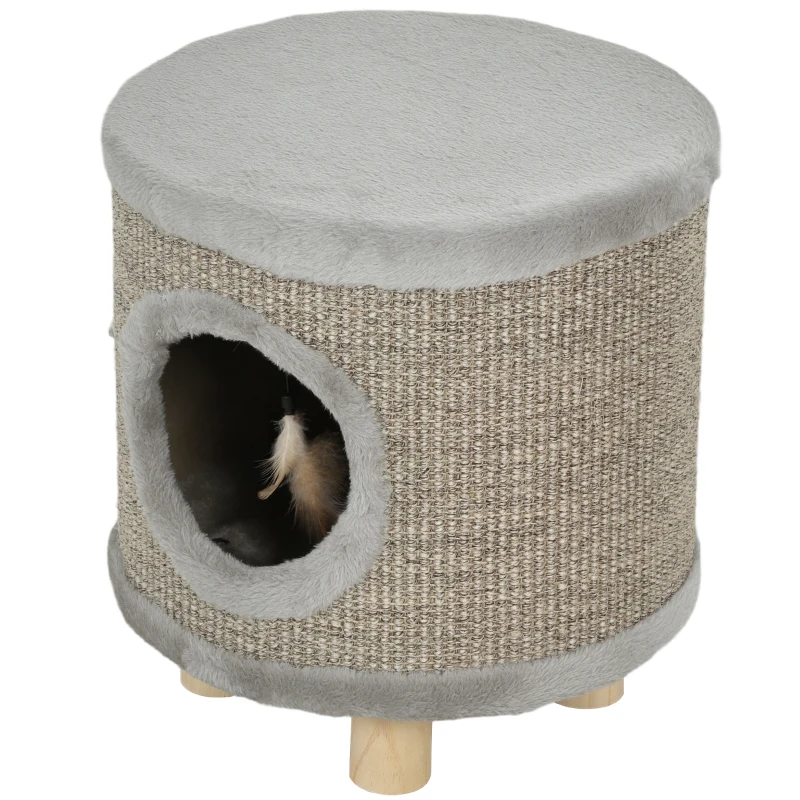 PawHut Casa para Gatos 3 en 1 Taburete Reposapiés Cama para Gatos con Rascador Patas de Madera Pluma 36x36x38 cm Gris
