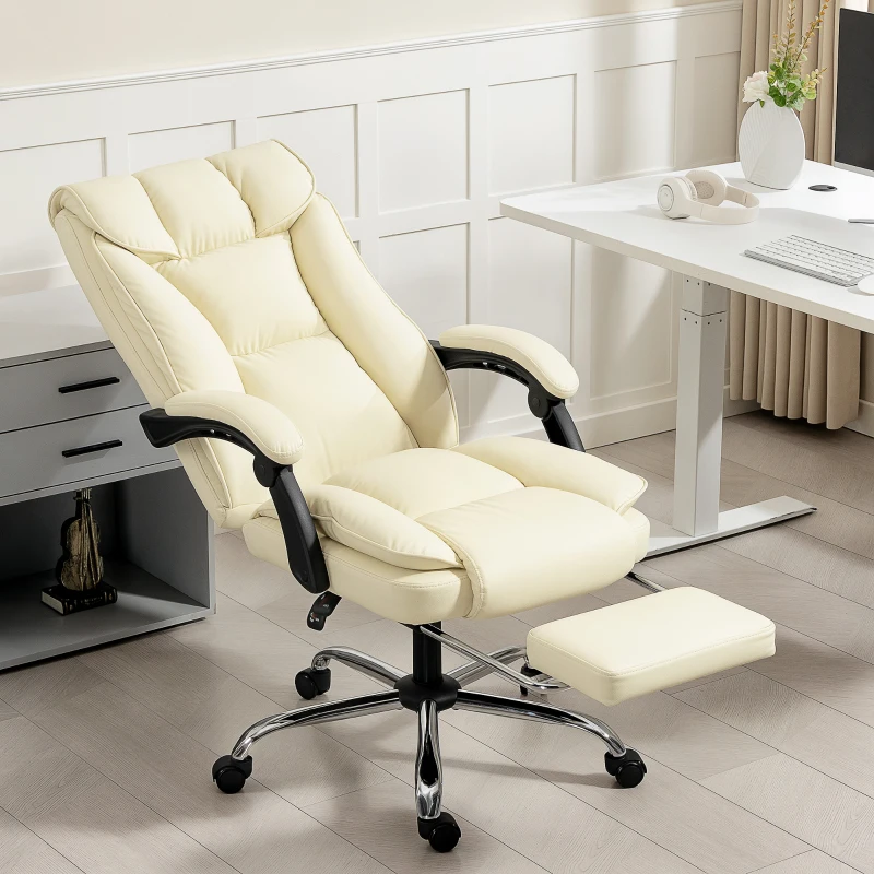 HOMCOM Silla de Escritorio con Reposapiés Respaldo Reclinable Acolchado Grueso Tapizada en Cuero Sintético Beige