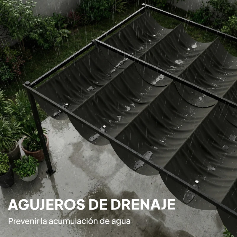 Outsunny Pérgola de Jardín 4x3 m con Techo Retráctil 2 Paneles de Privacidad UPF50+ Cenador de Jardín para Patio Exterior Gris