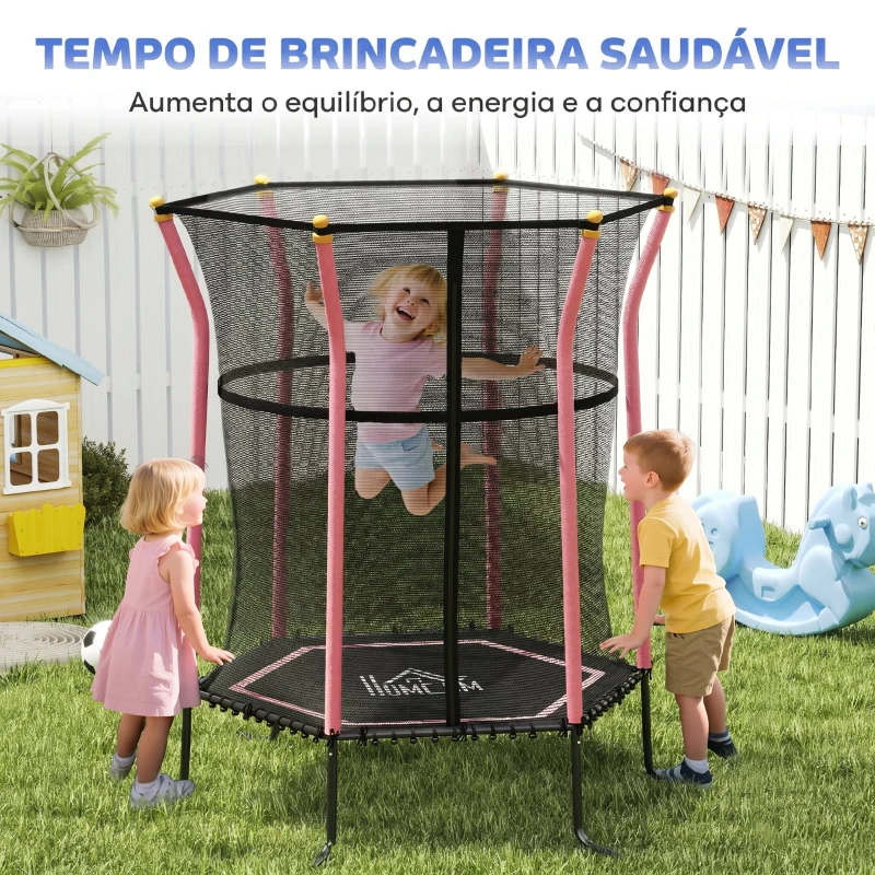 HOMCOM Trampolim para Crianças Cama Elástica Infantil com Rede de Segurança para Interiores e Exteriores Ø163,5x190 cm Rosa