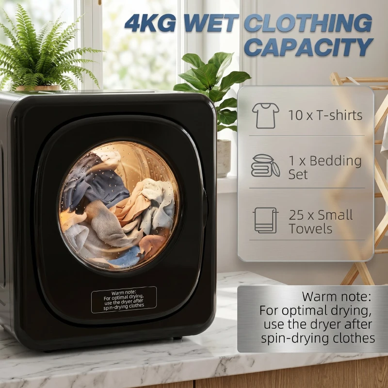 HOMCOM Máquina de Secar Roupa de Exaustão 4 kg 800W Anti-Vincos Esterilização 5 Programas Carga Frontal 48x40x56 cm Preto